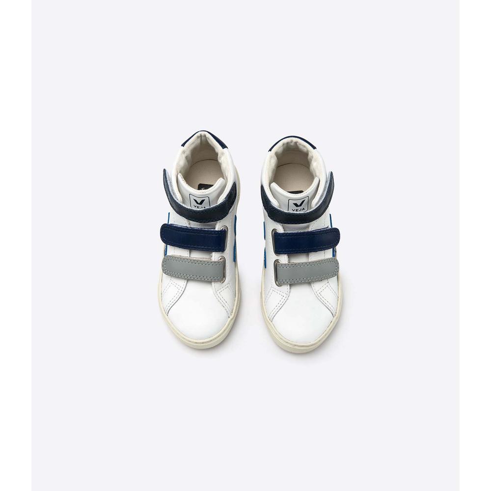 Kids' Veja ESPLAR MID LEATHER High Tops White/Blue | ZA 683YXF